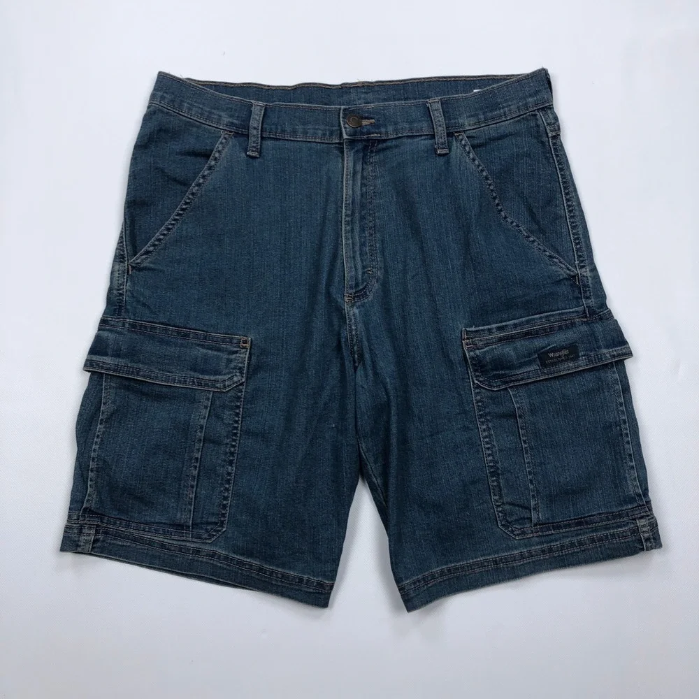 Wrangler Mens Denim Cargo Shorts Blue Size 32 Stretch Jean Jorts